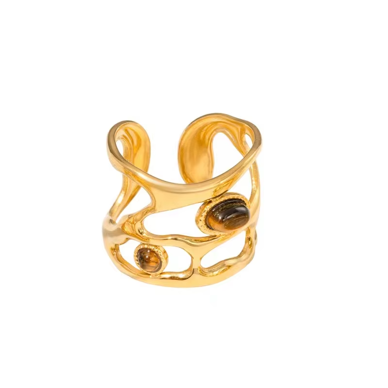 Geometric Round Natural Stone Resizable Ring | Stainless Steel 18k Gold Plated