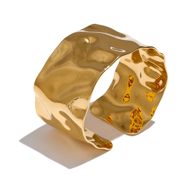 Wide Large Stainless Steel Metal Cuff Open Bracelet Bangle 18K Gold