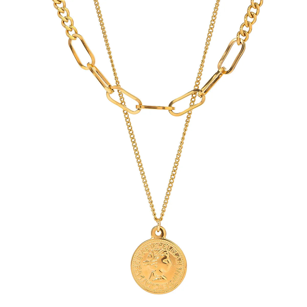 Gold Plated Tarnish Waterproof Coin Pendant Layered Chain Necklace